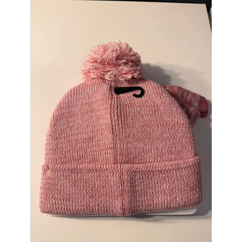 Pink & white raiders NFL hat and glove set with Pom Pom that is removable
